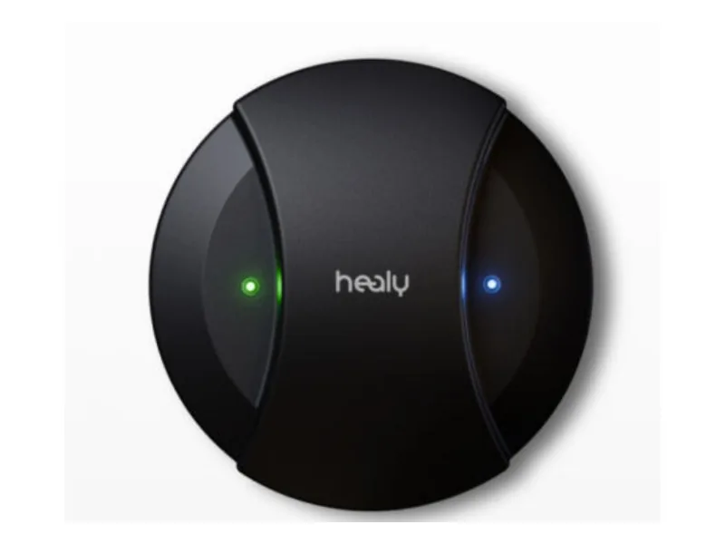 黒い円形の機器の写真。 画像の中の文:healy