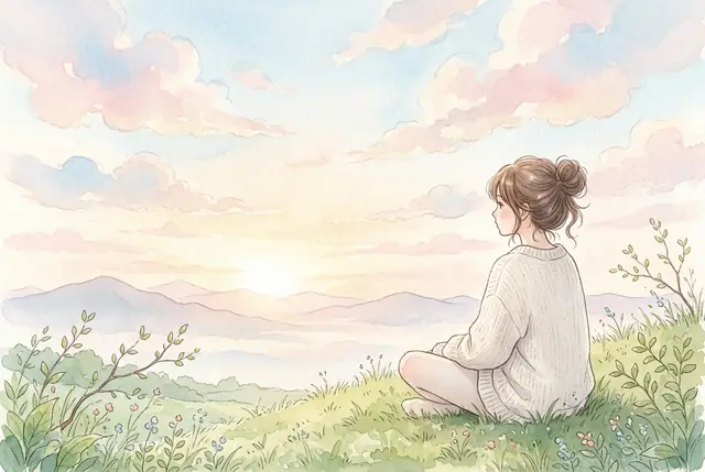 草原の丘に座り、遠くの山並みと空を静かに眺める女性のイラスト。