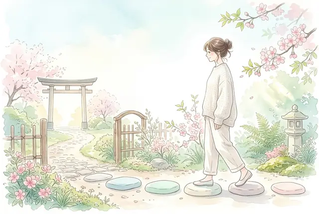 石の飛び石を一歩ずつ進み、鳥居と桜のある庭の小道を歩く女性のイラスト。