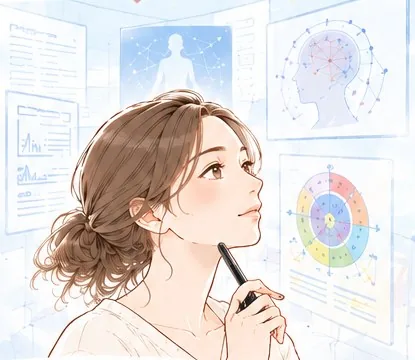 ペンを手に、図表を前に考える女性のイラスト。