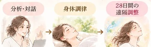 分析・対話、身体調律、28 日間の遠隔調整が、矢印でつながる 3 場面のイラスト。 画像の中の文：分析・対話／身体調律／28日間の遠隔調整