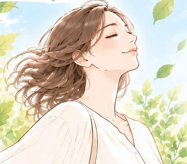 風に髪をなびかせ、目を閉じて空を見上げる女性のイラスト。