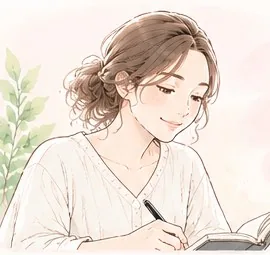 ノートにペンで書きとめる女性のイラスト。